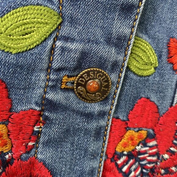 Desiqual Embroidered Flowers Western Denim Jean Jacket Stretchy Mixed Media Boho - Picture 6 of 16